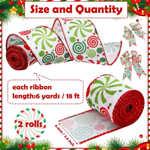 Miniatura 2 de Berlune 2 rollos de cinta de Navidad con borde de alambre de menta caramelo de 2.5 pulgadas de ancho, cinta de arpillera para manualidades, coronas