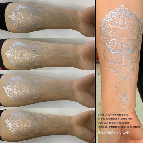 Miniatura 4 de Roarhowl Tatuajes temporales con destellos metálicos, oro, plata, adecuados para todos los tonos de piel (plateado 3)