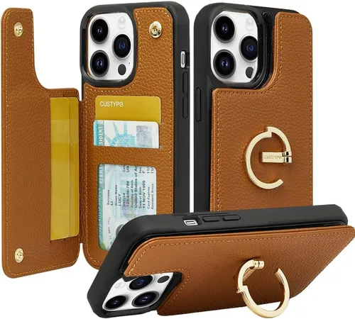 CUSTYPE Funda tipo cartera para iPhone 13 Pro Max con portarjetas, soporte anular con función de atril, funda con ranuras para tarjetas, funda Marrón