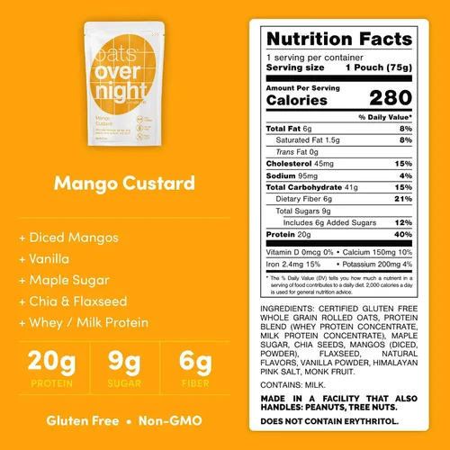 Miniatura 2 de Oats Overnight Crema de mango - Avena durante la noche con 0.71 oz de proteína, batido de proteína de desayuno alto en fibra, avena sin gluten