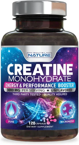 Built by Nature Píldoras de monohidrato de creatina, suplemento de creatina micronizada para hombres y mujeres, fuerza muscular, energía,