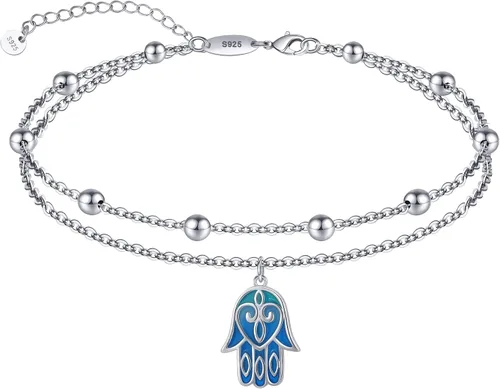 Miniatura 6 de CHIC & ARTSY Tobilleras delicadas de plata de ley S925 para verano, pulsera de tobillo ajustable multicapa para playa, joyería de pie para mujer
