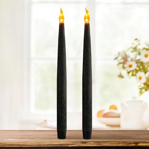 FURORA LIGHTING Paquete de 2 velas cónicas LED negras con purpurina, sin llama, parpadeantes, con temporizador, para decoración del hogar,