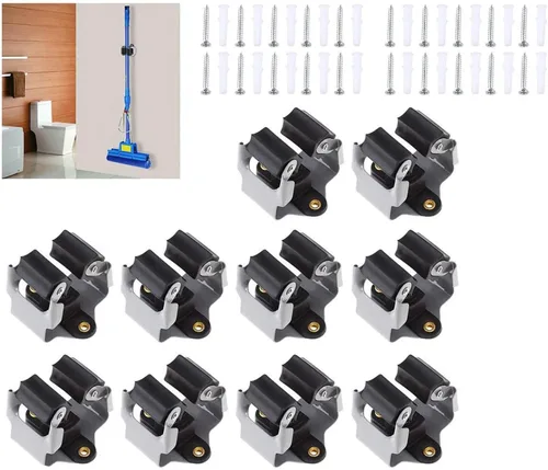 Soporte para escoba de pared, paquete de 10 unidades, resistente para trapeador, escoba, pala, mango, clips para colgar, organizador de abrazadera,