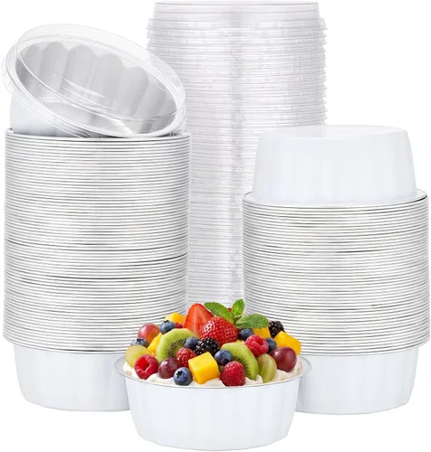 Miniatura 44 de Beasea Ramequines con tapas, 8oz 50 unidades de tazas de aluminio desechables para hornear, tazas de papel de aluminio plateado para creme brulee