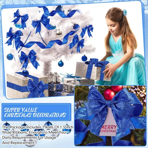 Miniatura 4 de 2 Rollos 20 Yardas Cinta de Navidad con Alambre Cinta Gruesa con Purpurina Cinta Metálica con Alambre para Envolver Regalos Cinta de Árbol