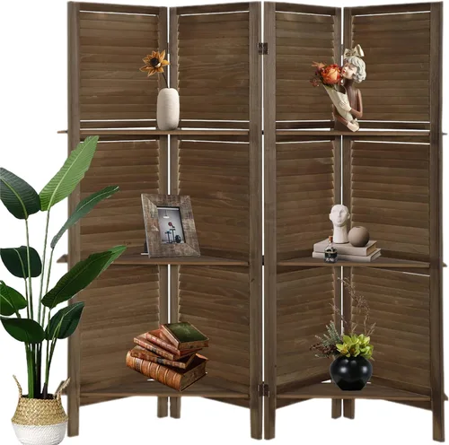 Divisor de habitación de 4 paneles con estantes, separadores de habitación y pantallas de privacidad plegables, separadores de habitación plegables