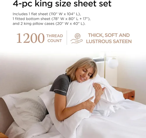 Miniatura 69 de Threadmill Sábanas de Lujo de Algodón Supima, Sábanas de 100% Algodón Suave de 1200 Hilos de Lujo para Cama de Tamaño Completo, Juego de 4 Sábanas