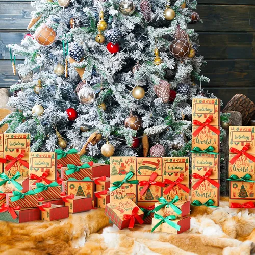 Miniatura 6 de Cholemy 36 piezas de cajas de regalo de Navidad de papel kraft con tapas, paquete de cajas de regalo pequeñas con lazo vacías para Navidad, cajas