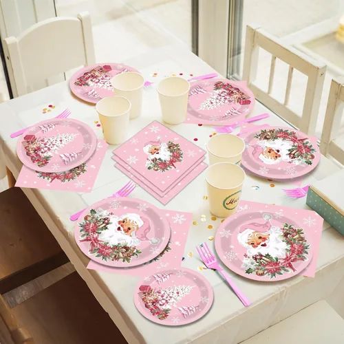 Miniatura 7 de Juego de vajilla rosa para fiesta de Navidad, 96 piezas, suministros de fiesta de copos de nieve de Papá Noel, platos desechables para árbol