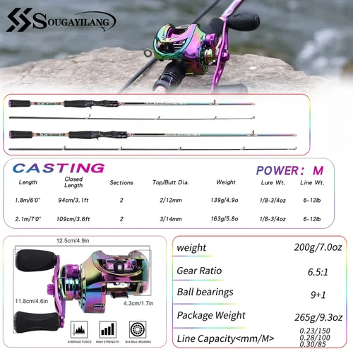 Miniatura 3 de Sougayilang Combo de caña de pescar y carrete, caña de pescar mediana con carrete de cebo combo, combo de pesca de 2 piezas Varilla de fundición