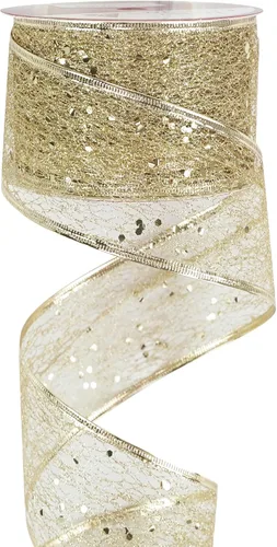MEEDEE Cintas de malla de alambre con purpurina dorada champán, cintas de Navidad color champán de 2.5 pulgadas para decoración de árbol de Navidad,