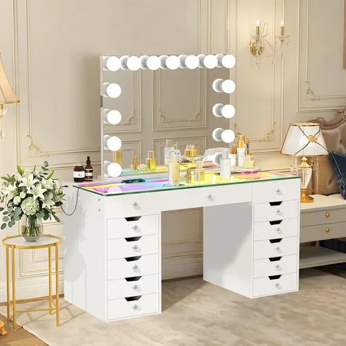 VANITII - Escritorio de tocador grande con espejo LED de 15 luces, mesa de maquillaje con 13 cajones y modos de color RGB, carga USB tipo C, tocador
