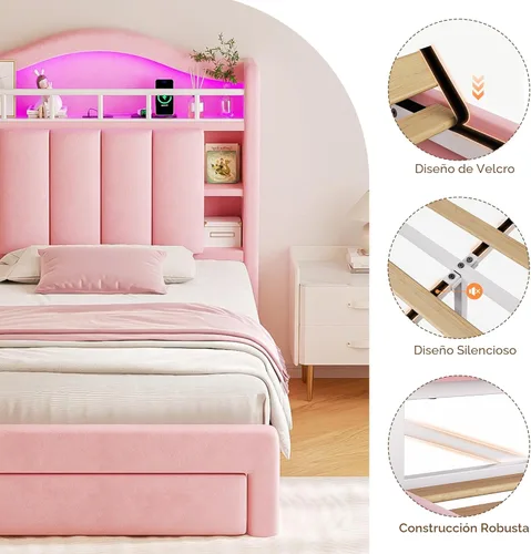 Miniatura 8 de Base de cama LED individual con cabecera de almacenamiento y 2 cajones de almacenamiento, cama tapizada de terciopelo princesa con diseño de Rosa