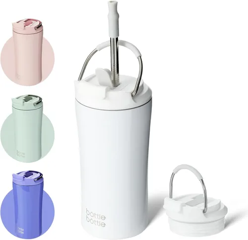 BOTTLE BOTTLE Vaso de café con tapa de doble uso y pajita, taza de café de viaje de doble pared para mujer y hombre, vaso aislado de acero Blanco