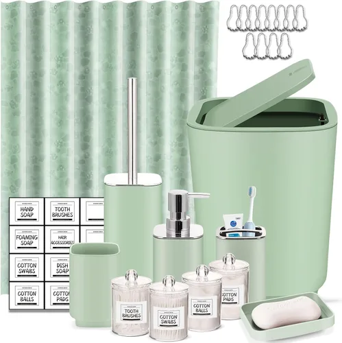 Miniatura 10 de Accesorios de baño verdes, juego de baño de 11 piezas, bandeja, soporte para cepillos de dientes, taza para cepillos de dientes, dispensador