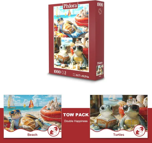Miniatura 2 de Rompecabezas de 1000 piezas para adultos - Pack de 2 rompecabezas de tortuga marina y escena de playa, rompecabezas para adultos, tema relajante
