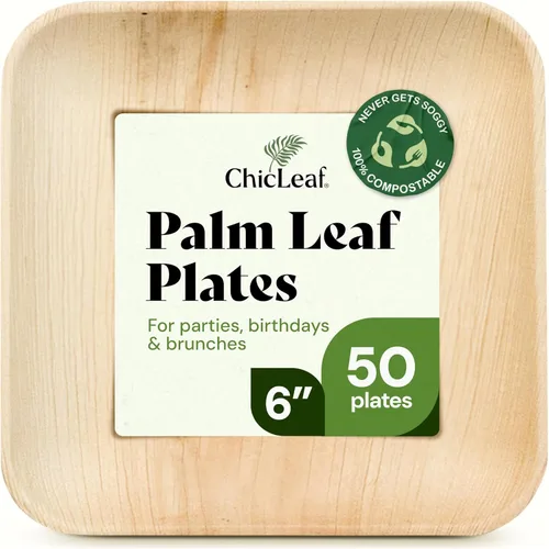 Chic Leaf Platos Compostables de Hoja de Palma - 6" Cuadrados, Paquete de 50 - Vajilla Desechable para Comida Navideña, Platos de Aperitivo Rústicos