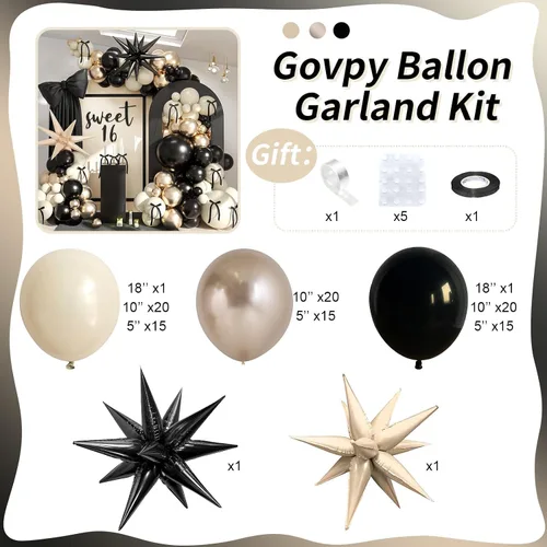 Miniatura 2 de Kit de guirnalda de globos negro, blanco y dorado, 115 piezas de arco de globos beige arena negro crema oro metálico con globos de papel de aluminio