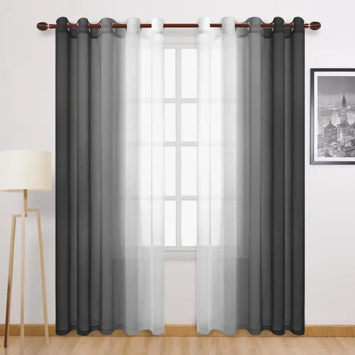 Miniatura 55 de DWCN Cortinas Transparentes de Lino Sintético Negro Degradado Ombré - Cortinas Semi Transparentes de Gasa con Ojales en la Parte Superior