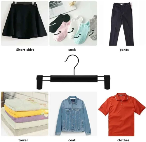 Miniatura 4 de Perchas para pantalones, perchas para faldas, paquete de 20 perchas de plástico negro para pantalones con clips grandes antideslizantes y 360