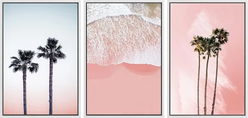 Miniatura 46 de SIGNWIN Conjunto de arte de pared de lienzo enmarcado, acuarela pastel, cielo de nubes rosas, colina verde del campo, naturaleza, vida silvestre