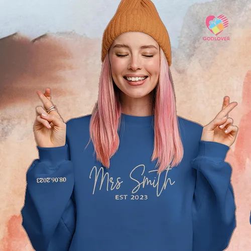 Miniatura 2 de GodLover Personalized Embroidered Mrs. Sweatshirt With Date On Sleeve, Bride Sweatshirt,Bachelorette Party Gifts For Bride