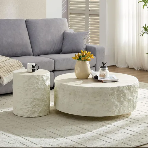 Miniatura 5 de Ø35.43'' Mesa de café redonda para sala de estar, moderna mesa de café en forma de tambor, material de fibra de vidrio, sin ensamblaje, beige