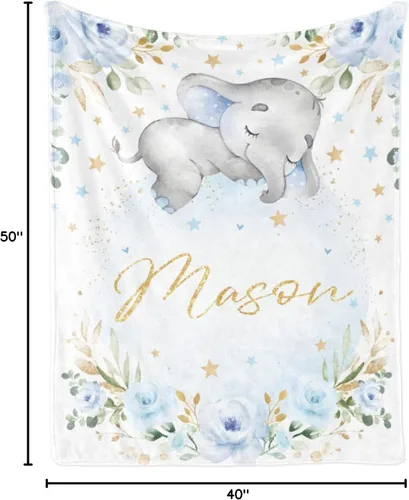 Miniatura 8 de Manta personalizada con elefante con nombre para niño, manta con nombre personalizada para niños, manta suave de franela azul con elefante