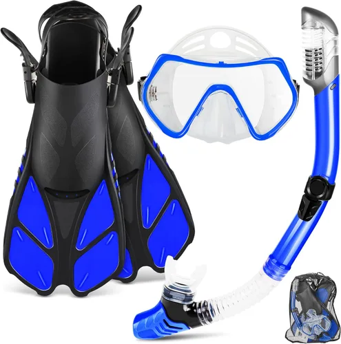 ZEEPORTE Mask Fin Snorkel Set, Travel Size Snorkeling Gear for Adults with Panoramic View Anti-Fog Mask, Trek Fins, Dry Top Snorkel and Gear Bag for