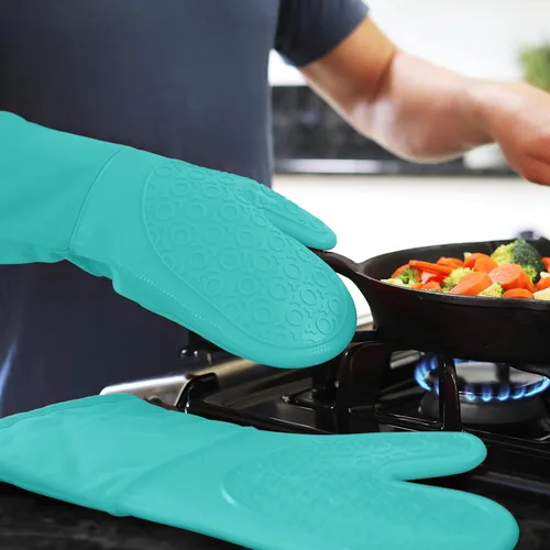 Miniatura 9 de Guantes de horno de silicona con forro de algodón acolchado – profesional resistente al calor olla de cocina soportes – 1 par 2-Turquesa