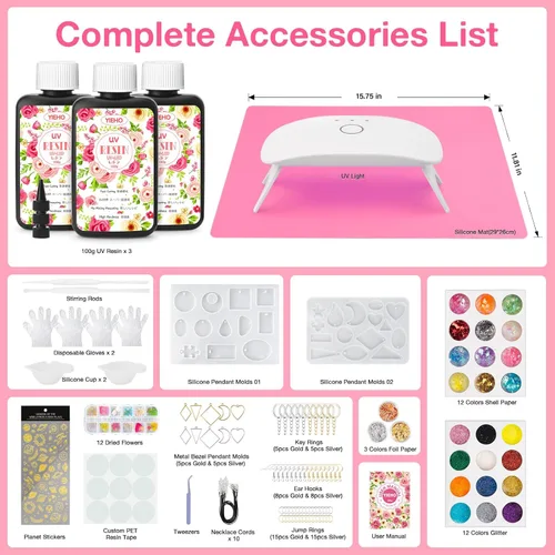 Miniatura 2 de YIEHO Kit de resina UV de 10.58 oz con luz y moldes, kit de fabricación de joyas de resina premezclada endurecida transparente mejorada
