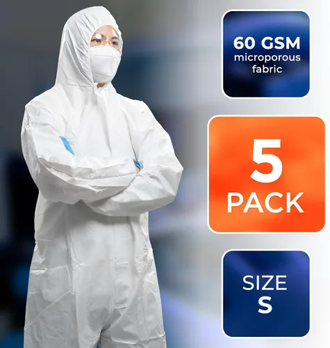 Miniatura 2 de EZGOODZ Overol desechable con capucha y botas, 2.16 oz/m², color blanco, pequeño, paquete de 5, cremallera frontal, muñecas elásticas y espalda