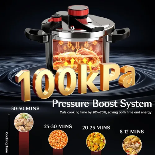 Miniatura 6 de BreeRainz 304 Olla a presión de acero inoxidable 8.45QT 3-Stage PSI Settings,One-Hand Locking,Pressure Pot with Extra Glass Lid, Timer,Steaming