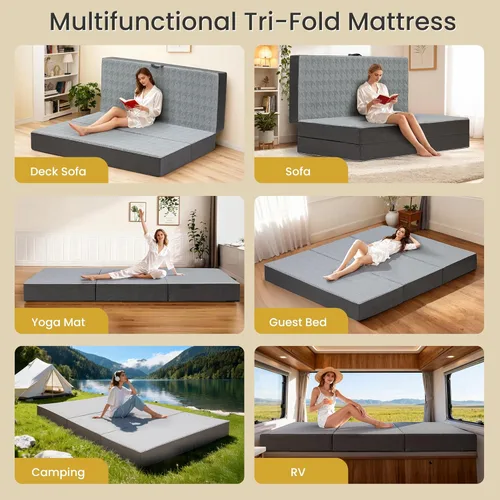 Miniatura 5 de Colchón triple plegable tamaño matrimonial – Colchón plegable de espuma viscoelástica de doble capa de 6 pulgadas, sofá cama futón portátil