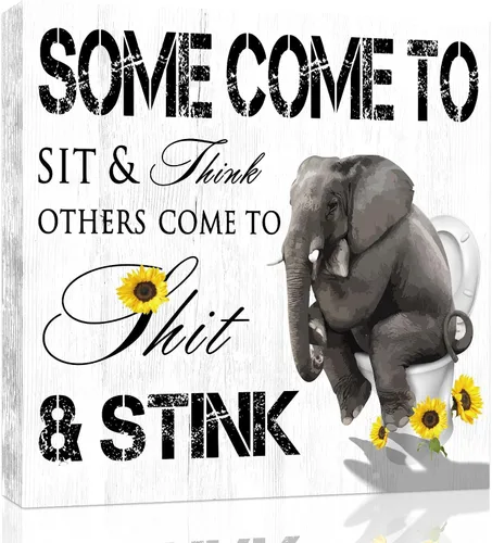 1 KINGO Divertido lienzo para pared de baño: elefante blanco y negro con girasol, decoración de inodoro, póster enmarcado de animales humorísticos,