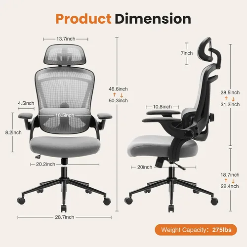 Miniatura 2 de Silla de oficina ergonómica de malla, silla de escritorio de computadora con respaldo alto con reposacabezas ajustable y soporte lumbar, silla Gris