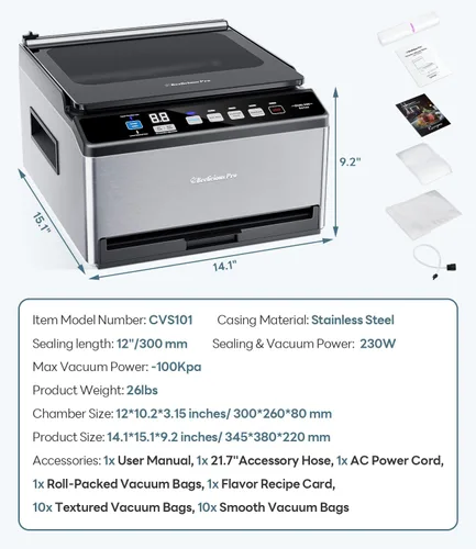Miniatura 8 de DualCore CVS101 - Sellador al vacío de cámara para líquidos y Sous Vide, zonas de vacío dobles de 6L y abrazadera de bolsa extra ancha, 4 bombas