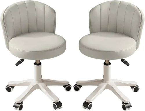 Miniatura 12 de Silla Pequeña Redonda de Escritorio con Ruedas Sin Brazos Cómoda Silla de Tocador para Computadora con Respaldo Bajo de Cuero PU Altura Ajustable