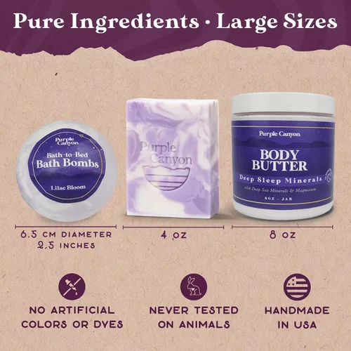 Miniatura 3 de Purple Canyon Caja de regalo de 6 piezas de lavanda para baño a cama Bombas de baño, jabón y mantequilla corporal infundidas con magnesio