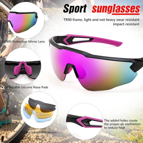 Miniatura 5 de FEISEDY Gafas de sol deportivas, con 5 lentes para hombres y mujeres, TR90 ligeras, béisbol, ciclismo, motocicleta, correr, golf, B2940 Marco negro