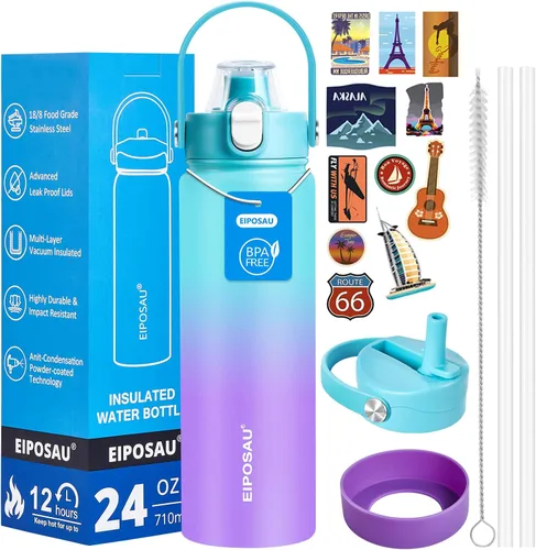 Miniatura 17 de Botella de agua aislada con tapa, bota y calcomanías, botella de acero inoxidable de 24 onzas, sin sudor, mantiene el frío las 24 horas, botella
