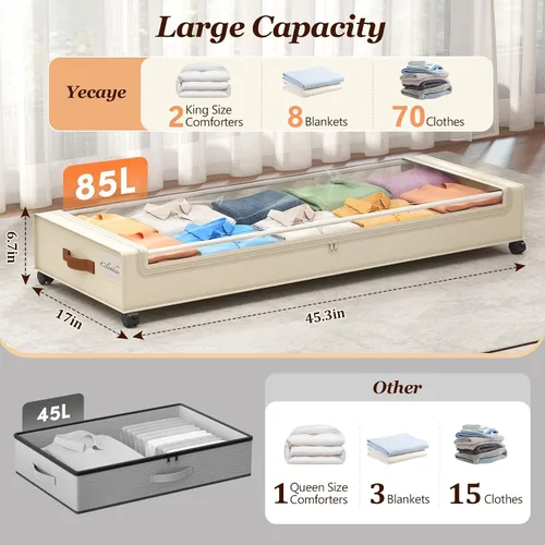 Miniatura 2 de Yecaye Almacenamiento debajo de la cama con ruedas, paquete de 2, contenedores de almacenamiento extra grandes de 85 L debajo de la cama con marco