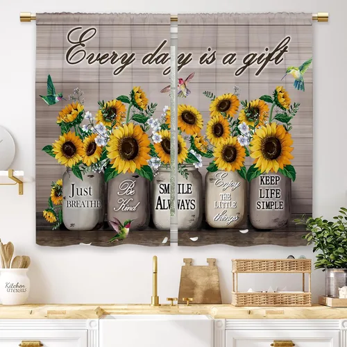 Cortinas de Cocina de Girasol Estilo Granja, Cortinas de Ventana Cortas Pequeñas de Café con Flores Rústicas Florales del Campo, Cortinas de Ventana