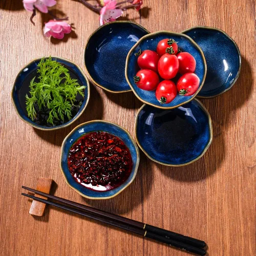 Miniatura 4 de Juego de 6 platos de cerámica para salsa de soja para condimentos de sushi (horno azul)