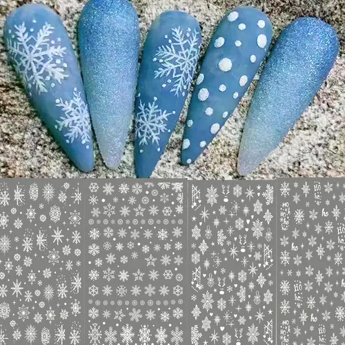 Miniatura 7 de Calcomanías de uñas de copos de nieve, 4 hojas 5D en relieve de Navidad, calcomanías de uñas de copo de nieve con purpurina blanca, calcomanías