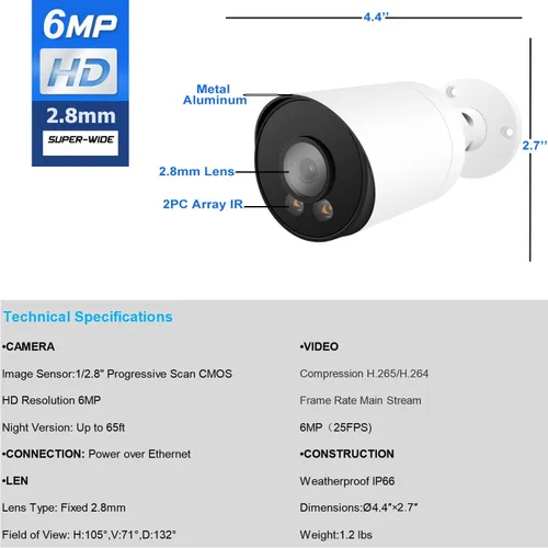 Miniatura 4 de Real HD Cámara IP POE de visión nocturna a todo color de 6MP para sistemas IP NVR, con luces blancas visibles, ángulo de visión de 105°, al aire