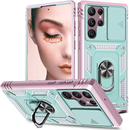 Miniatura 17 de Funda para Samsung Galaxy S22 Ultra 5G con ranura para tarjetero de cámara deslizante, grado militar, resistente, a prueba de golpes, funda de tres