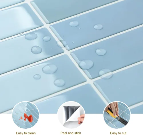 Miniatura 4 de Azulejo azul para salpicaduras de 10 hojas, revestimiento 3D adhesivo para cocina, baño, azulejos de pared (12 x 12 pulgadas)
