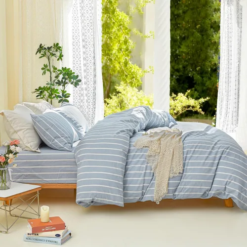 Miniatura 6 de DONEUS Juego de funda de edredón a rayas azules, 100% algodón lavado tipo lino, súper suave, transpirable, cómodo, juego de ropa de cama de 3 piezas
